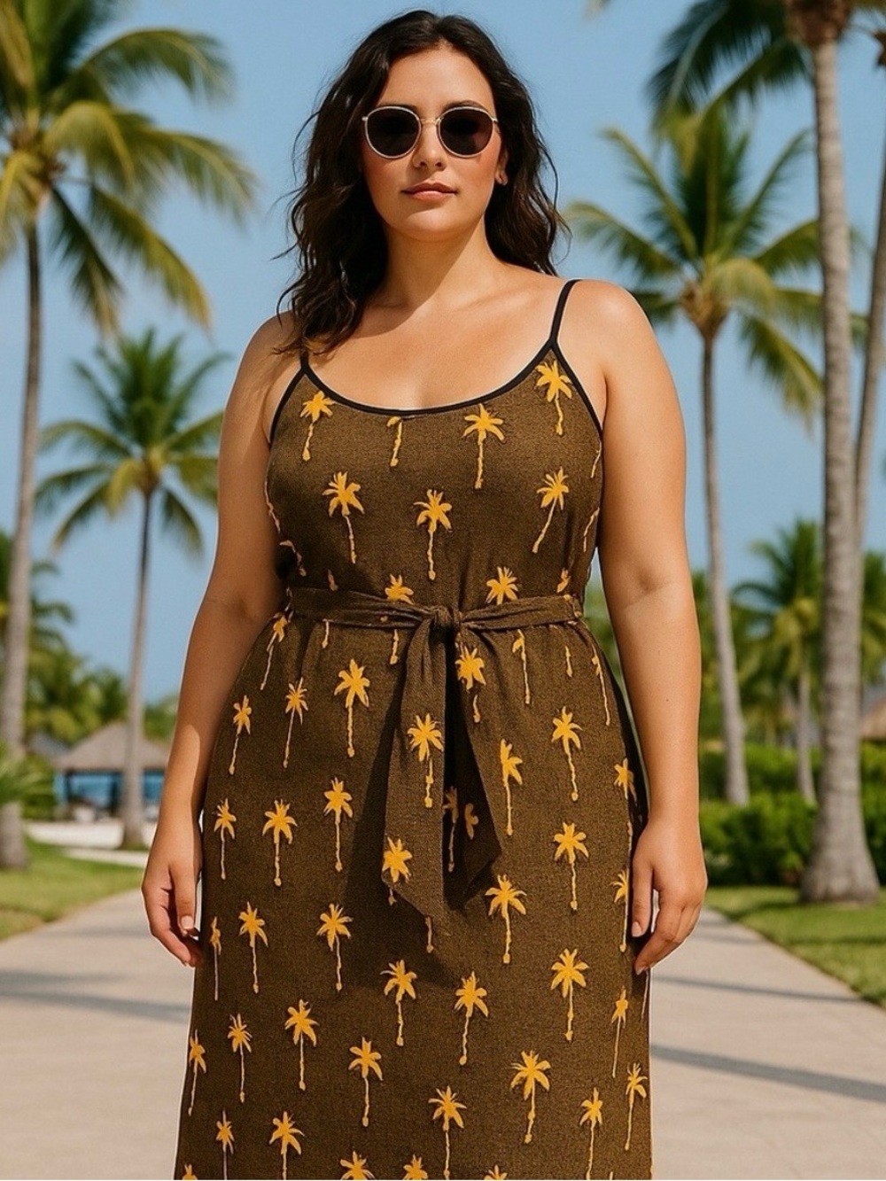 Hutch x ModCloth Palm Tree Belted Faux Wrap Sleeveless Midi Dress Brown Medium